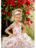 Beaded Neck Pink Printed Organza 3D Floral Romantic Flower Girl Dress